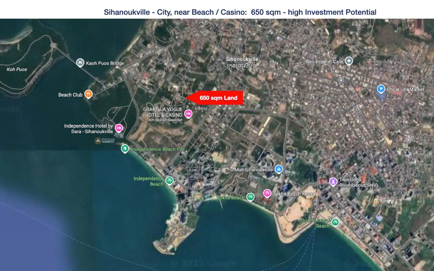 Sihanoukville City / near Beach / Casino: 650 sqm for House, Hotel or Guesthouse